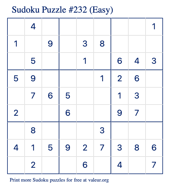 Free Printable Easy Sudoku Puzzle number 232