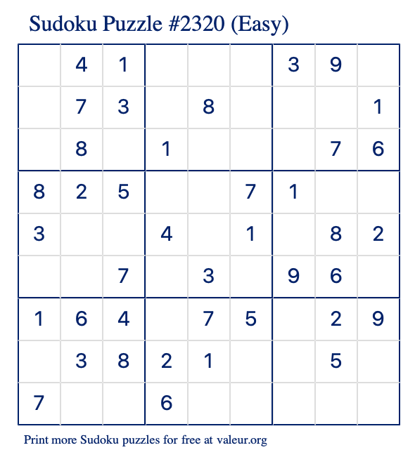 Free Printable Easy Sudoku Puzzle number 2320