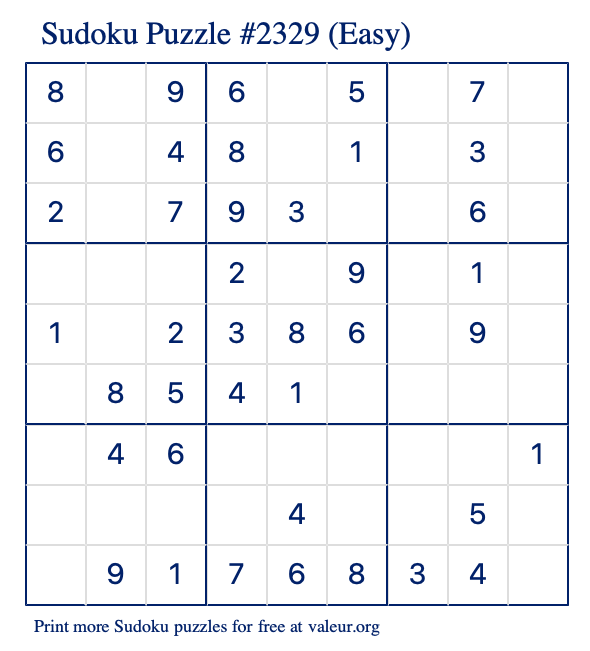 Free Printable Easy Sudoku Puzzle number 2329