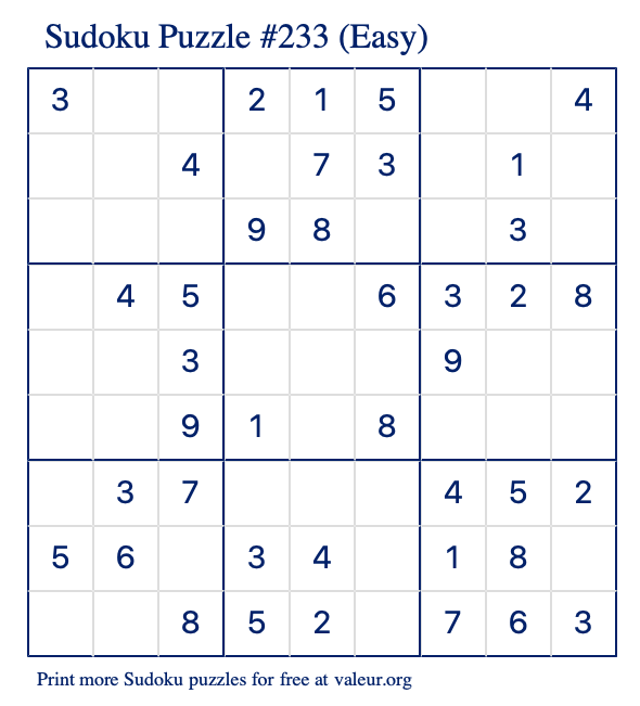 Free Printable Easy Sudoku Puzzle number 233
