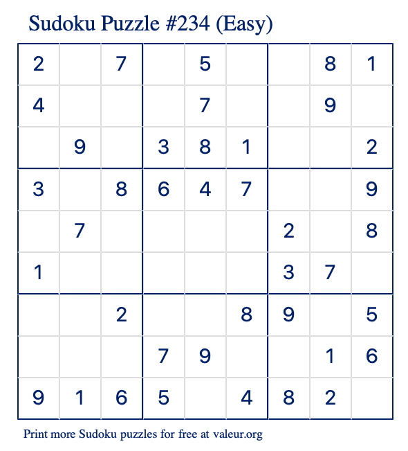 Free Printable Easy Sudoku Puzzle number 234