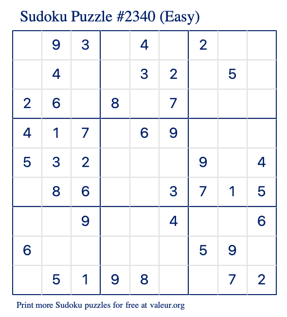 Free Printable Easy Sudoku Puzzle number 2340