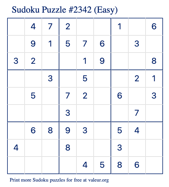 Free Printable Easy Sudoku Puzzle number 2342