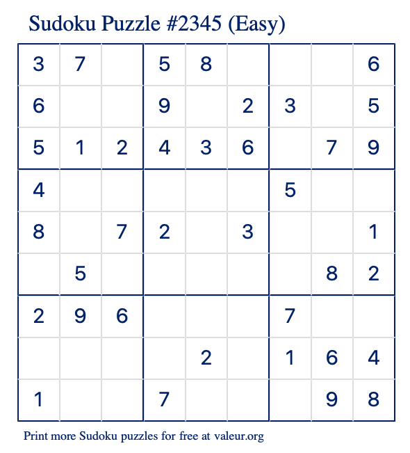 Free Printable Easy Sudoku Puzzle number 2345