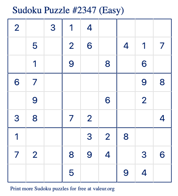 Free Printable Easy Sudoku Puzzle number 2347
