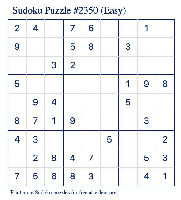 Free Printable Easy Sudoku Puzzle number 2350