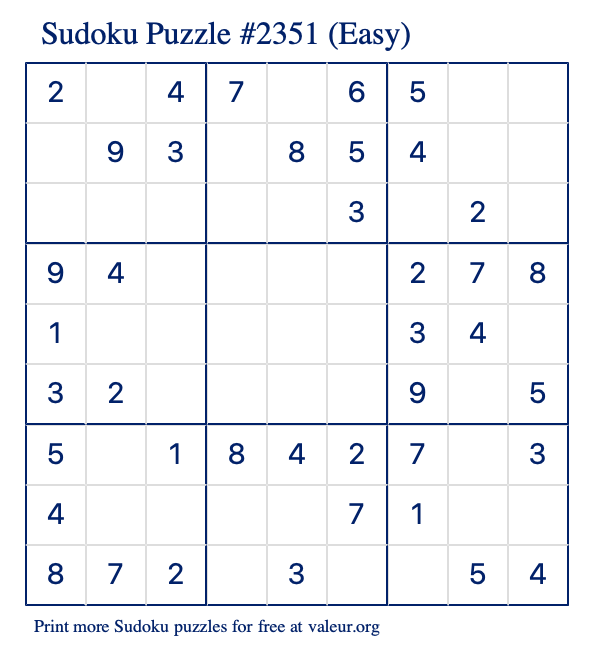 Free Printable Easy Sudoku Puzzle number 2351