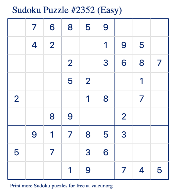 Free Printable Easy Sudoku Puzzle number 2352