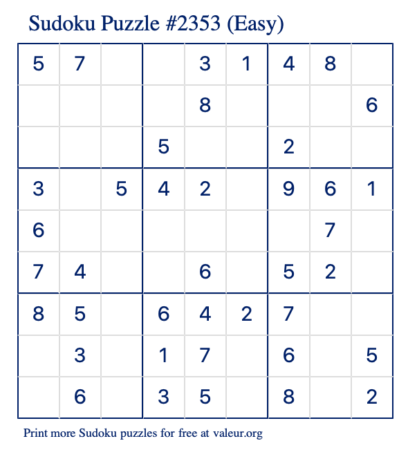 Free Printable Easy Sudoku Puzzle number 2353