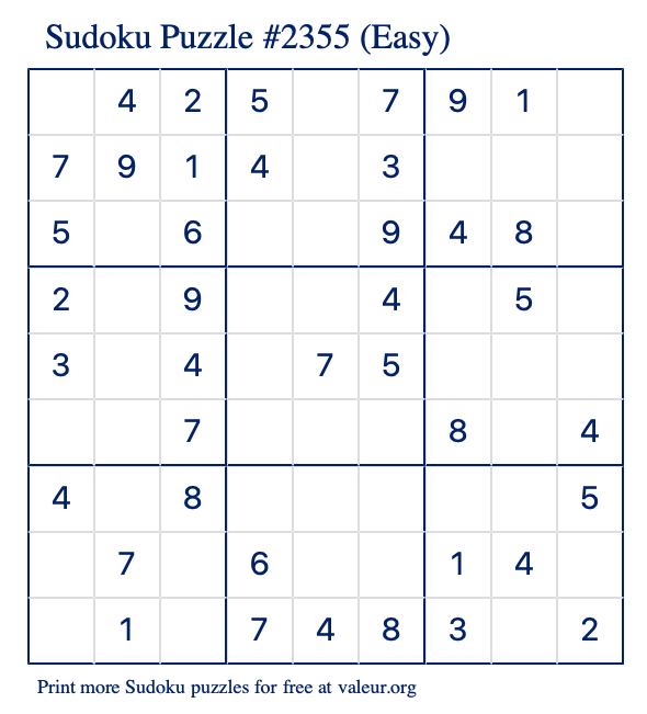 Free Printable Easy Sudoku Puzzle number 2355
