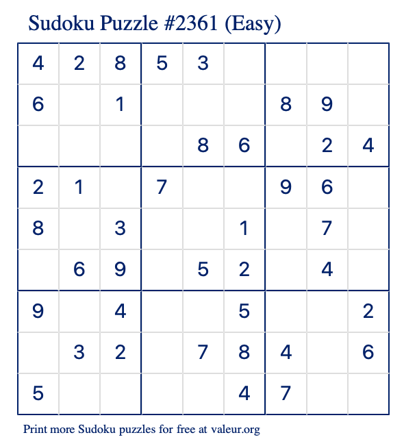 Free Printable Easy Sudoku Puzzle number 2361