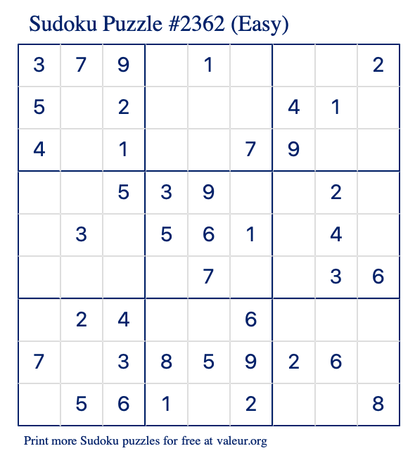 Free Printable Easy Sudoku Puzzle number 2362