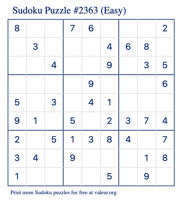 Free Printable Easy Sudoku Puzzle number 2363