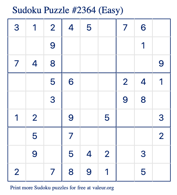 Free Printable Easy Sudoku Puzzle number 2364