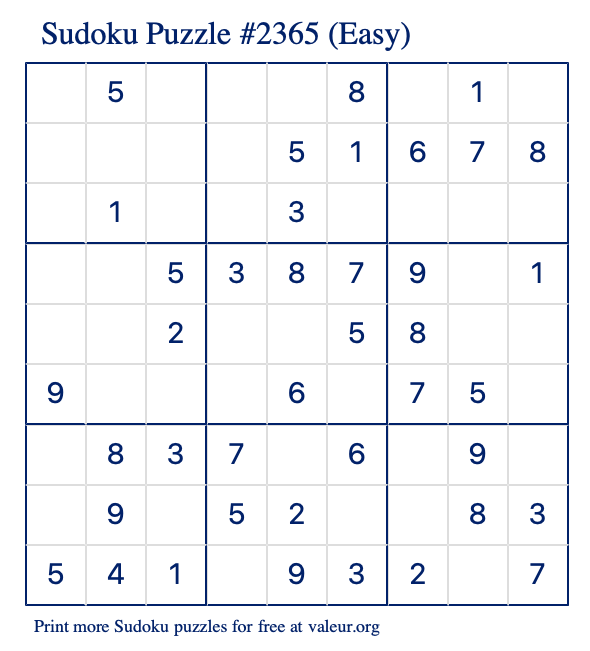 Free Printable Easy Sudoku Puzzle number 2365
