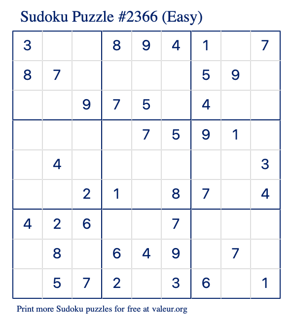 Free Printable Easy Sudoku Puzzle number 2366