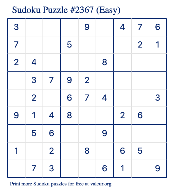 Free Printable Easy Sudoku Puzzle number 2367