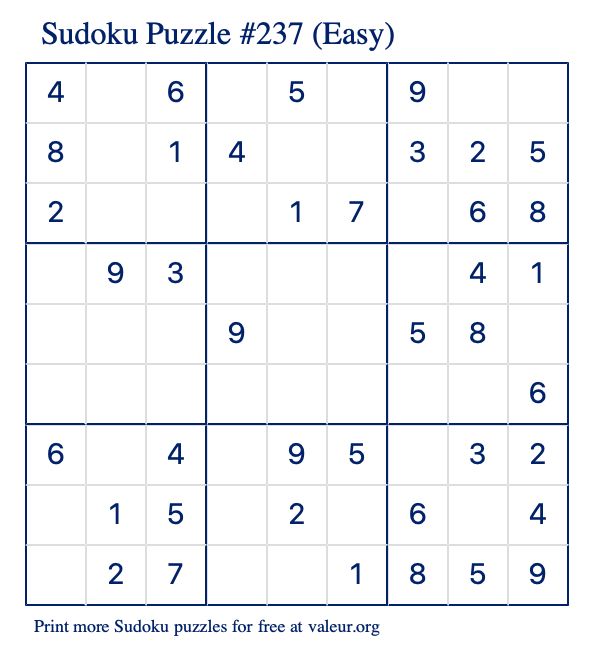 Free Printable Easy Sudoku Puzzle number 237