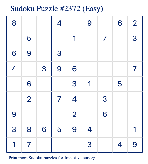 Free Printable Easy Sudoku Puzzle number 2372