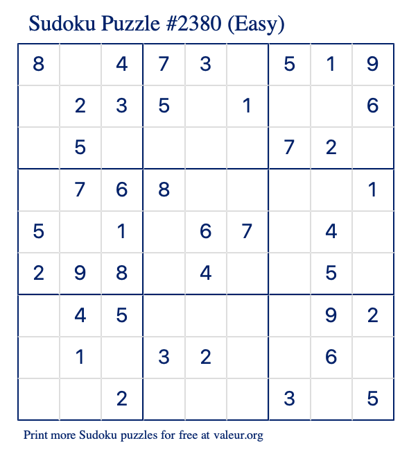 Free Printable Easy Sudoku Puzzle number 2380