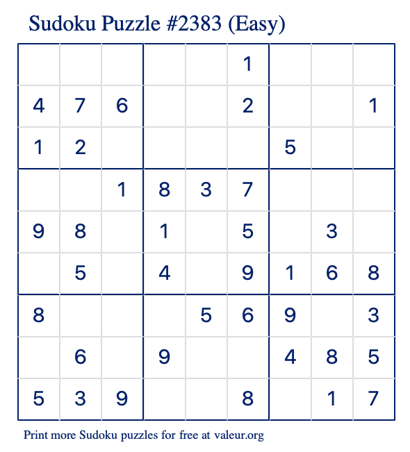 Free Printable Easy Sudoku Puzzle number 2383
