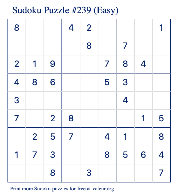 Free Printable Easy Sudoku Puzzle number 239