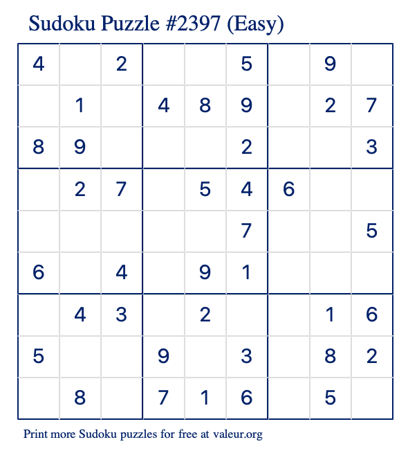 Free Printable Easy Sudoku Puzzle number 2397