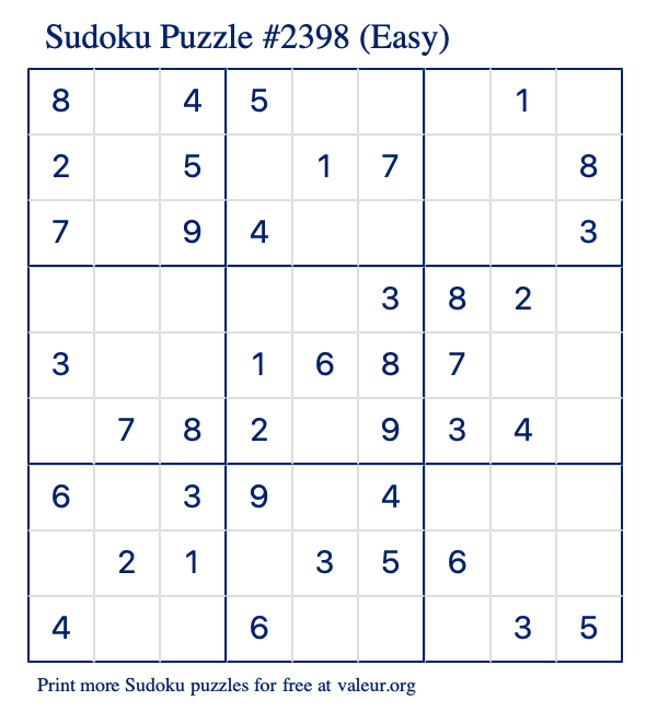 Free Printable Easy Sudoku Puzzle number 2398