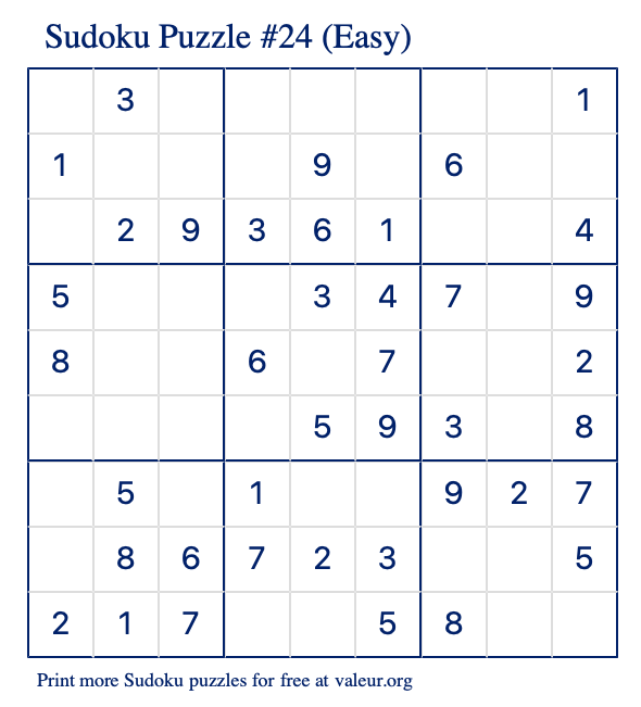 Free Printable Easy Sudoku Puzzle number 24