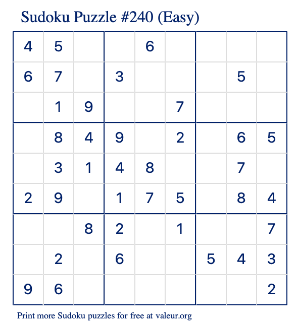Free Printable Easy Sudoku Puzzle number 240