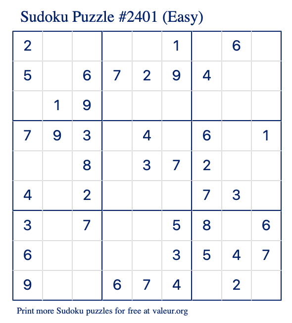 Free Printable Easy Sudoku Puzzle number 2401