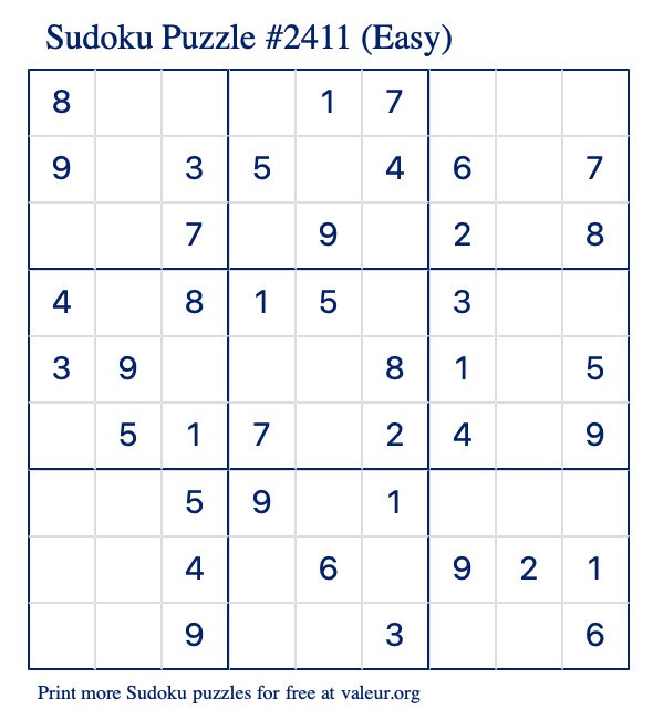 Free Printable Easy Sudoku Puzzle number 2411