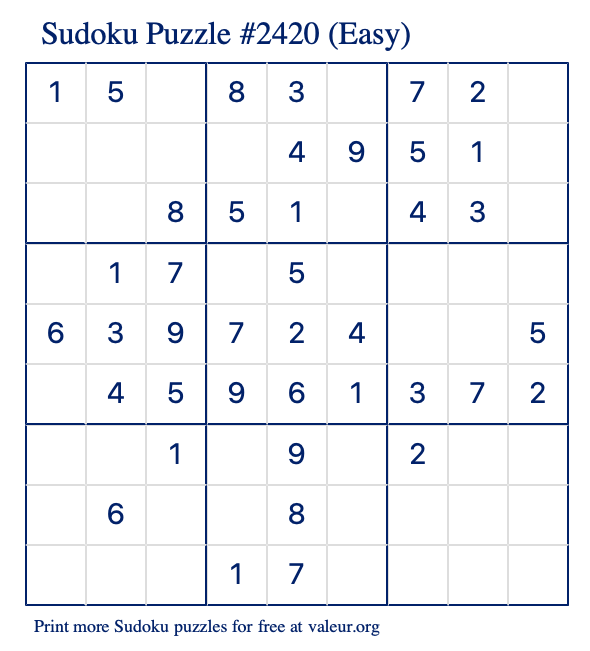 Free Printable Easy Sudoku Puzzle number 2420