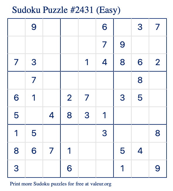 Free Printable Easy Sudoku Puzzle number 2431