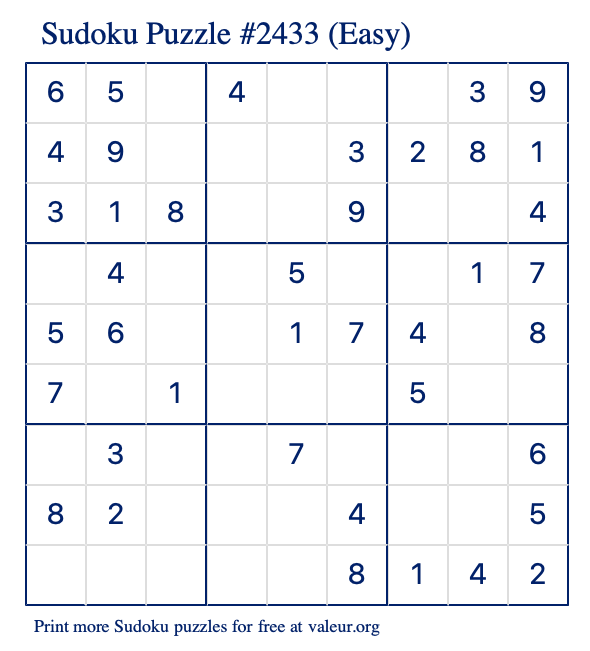 Free Printable Easy Sudoku Puzzle number 2433