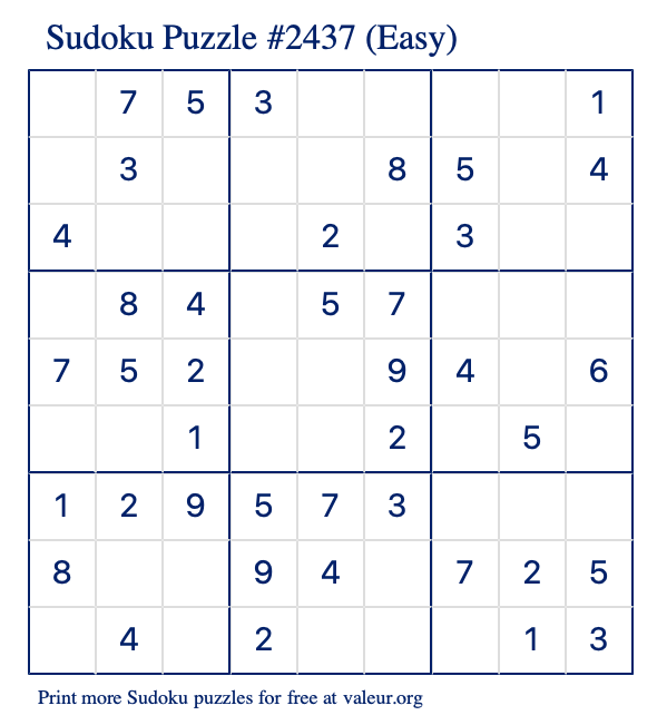 Free Printable Easy Sudoku Puzzle number 2437