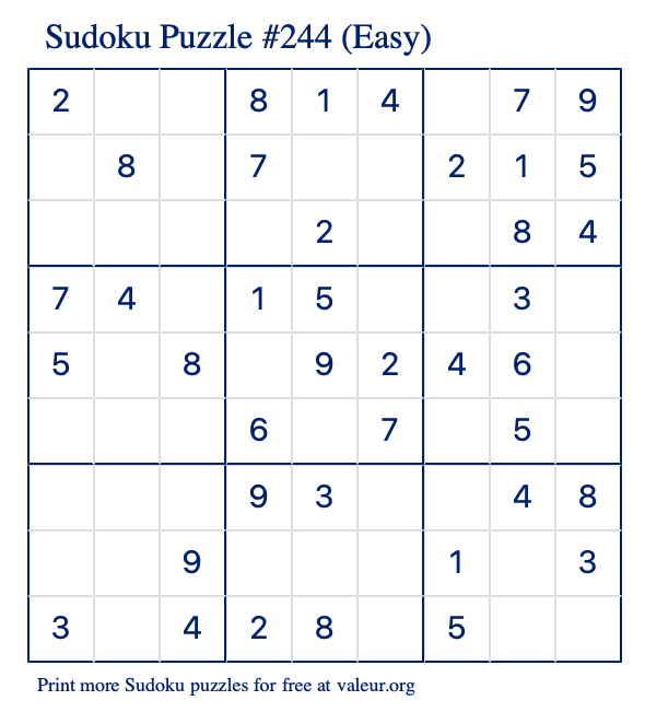 Free Printable Easy Sudoku Puzzle number 244