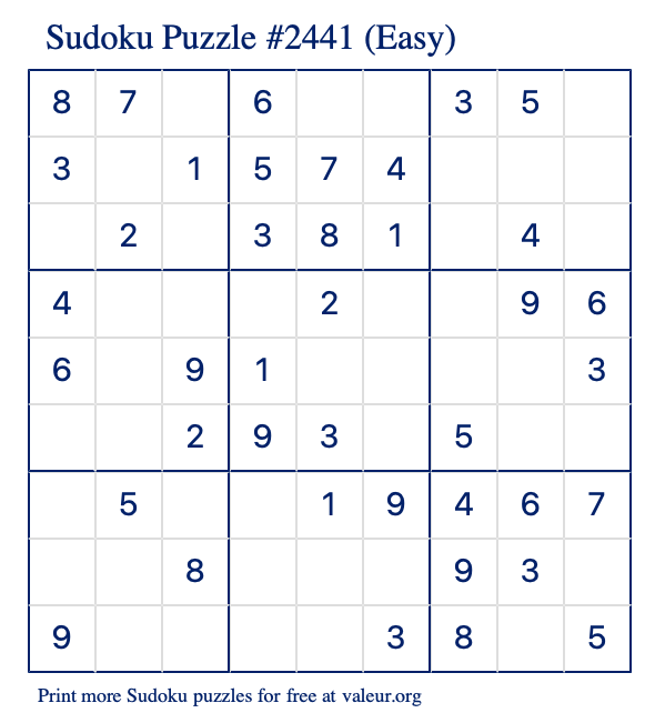 Free Printable Easy Sudoku Puzzle number 2441