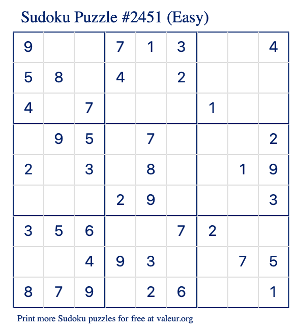 Free Printable Easy Sudoku Puzzle number 2451