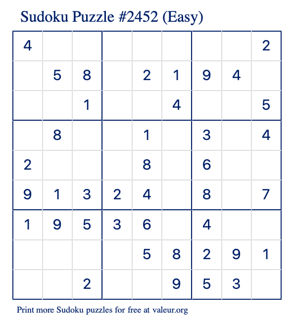 Free Printable Easy Sudoku Puzzle number 2452