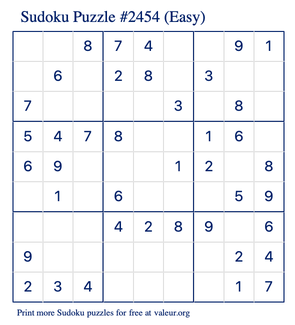 Free Printable Easy Sudoku Puzzle number 2454