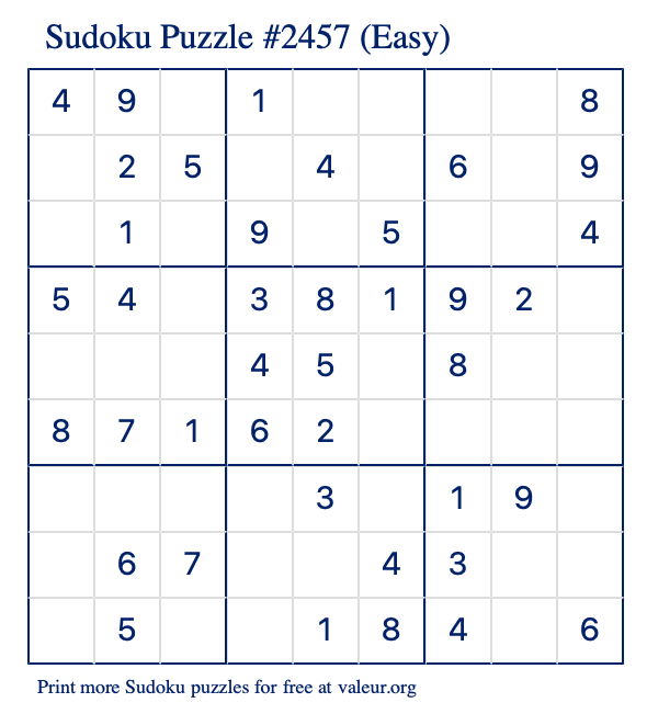 Free Printable Easy Sudoku Puzzle number 2457