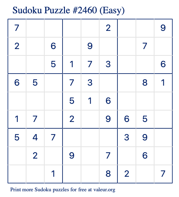 Free Printable Easy Sudoku Puzzle number 2460