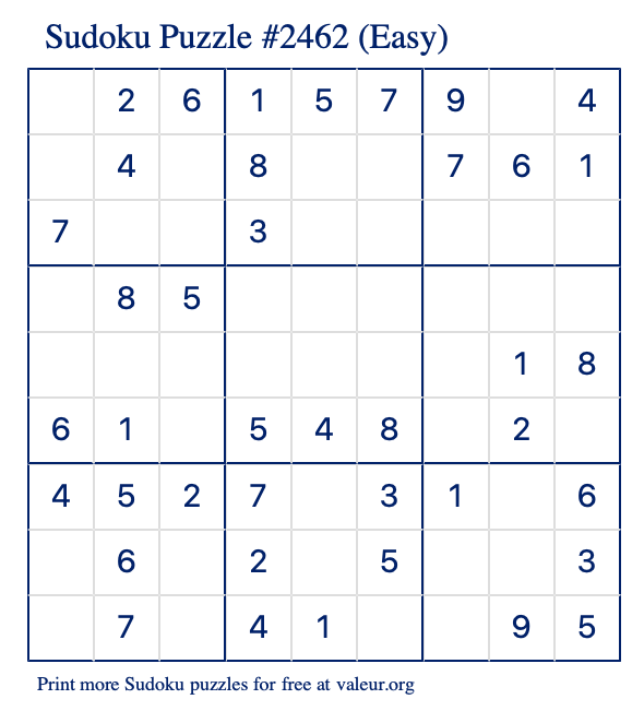 Free Printable Easy Sudoku Puzzle number 2462