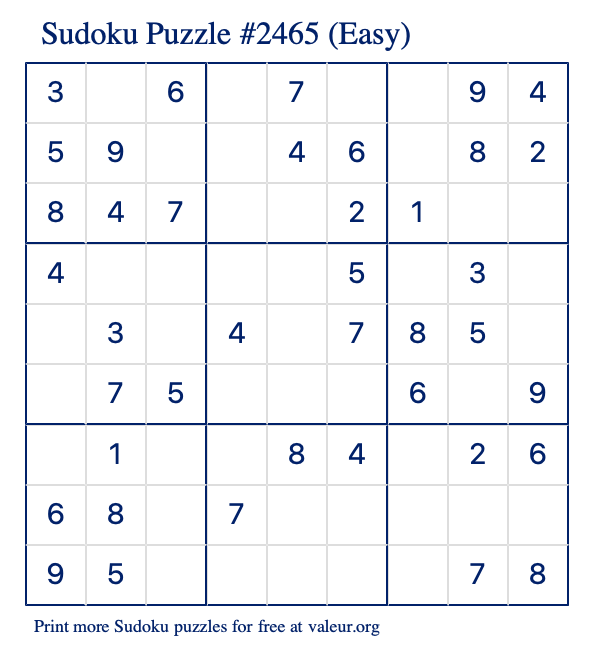 Free Printable Easy Sudoku Puzzle number 2465