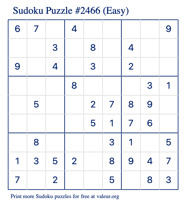 Free Printable Easy Sudoku Puzzle number 2466