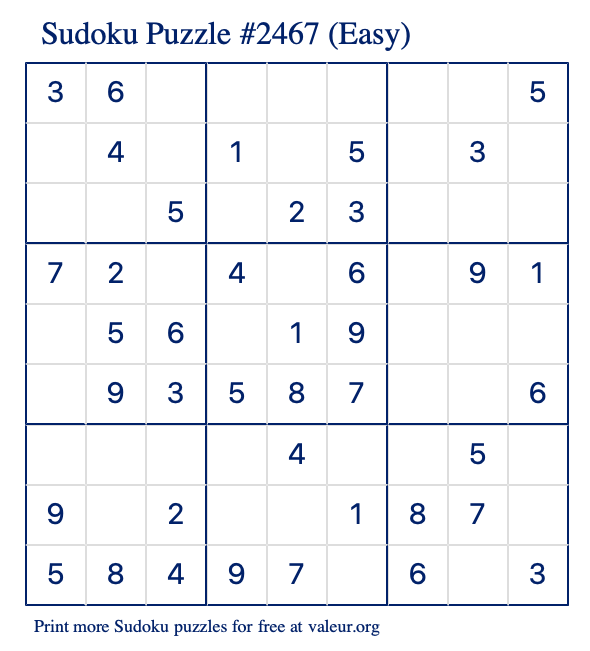 Free Printable Easy Sudoku Puzzle number 2467