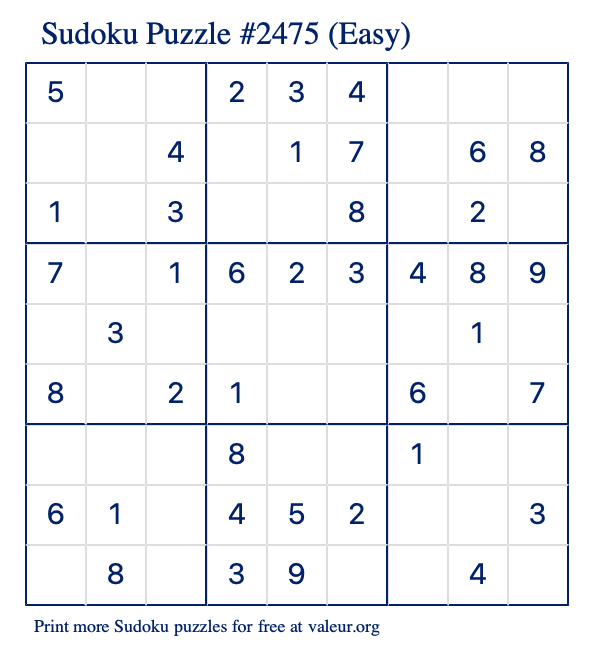 Free Printable Easy Sudoku Puzzle number 2475