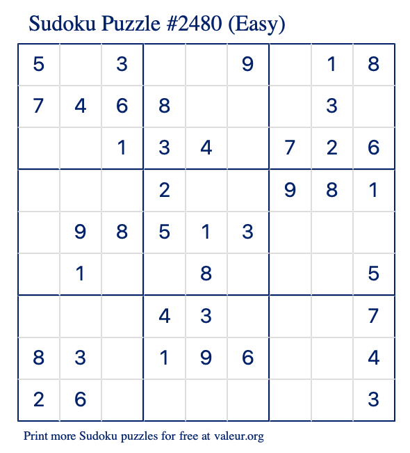 Free Printable Easy Sudoku Puzzle number 2480