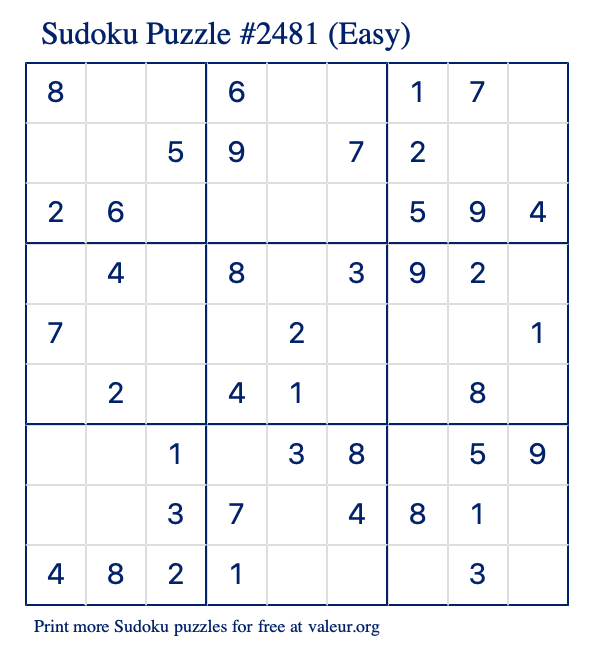 Free Printable Easy Sudoku Puzzle number 2481